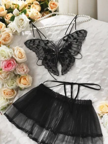 Butterfly Appliques Mesh Lingerie Set - Black - View 3