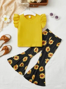 SHEIN Bộ thời trang bé gái Xù Viên lá sen Hoa Dễ thương - Nhiều màu - Xem 1