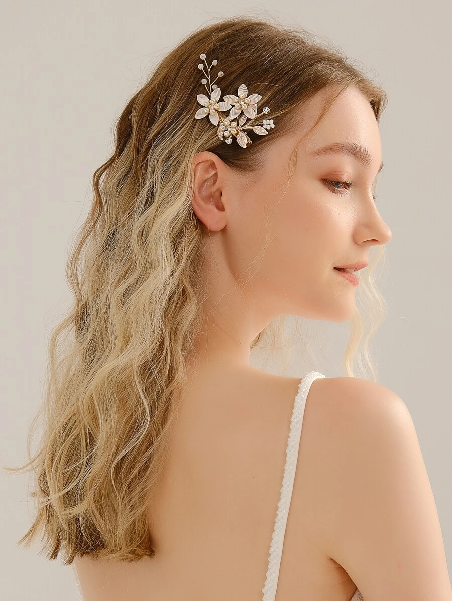 Rhinestone & Flower Decor Elegant Bridal Hair Clip For Wedding Boho Tiaras. Valentine's Day Accessories
