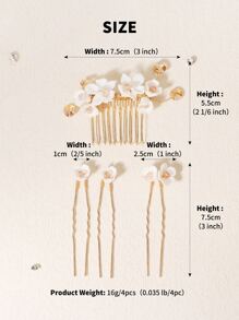 4pcs Rhinestone & Flower Decor Bridal Hair Pin - Gold - View 4