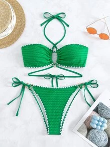 縫邊露背頸掛式泳裝套裝，夏季海灘必備 - 綠色 - 查看 7