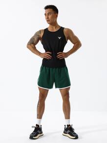 Manfinity Sport Corelite Men Contrast Binding Drawstring Waist Sports Shorts Gym Shorts - Dark Green - View 3