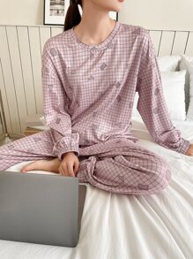 DAZY Plaid & Geo Print PJ Set - Pink - View 6