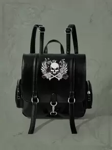 ROMWE Goth 骷髏和翅膀圖案翻蓋背包 - 黑色 - 查看 5