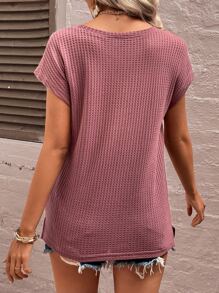 SHEIN LUNE Waffle Knit Pocket Patched Batwing Sleeve Tee - Redwood - View 2