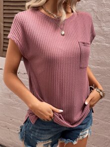 SHEIN LUNE Waffle Knit Pocket Patched Batwing Sleeve Tee - Redwood - View 4