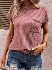 SHEIN LUNE Waffle Knit Pocket Patched Batwing Sleeve Tee - Redwood - View 7
