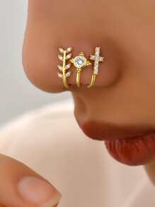 3pcs/set Cubic Zirconia Cross Decor Nose Cuff - Yellow Gold - View 1