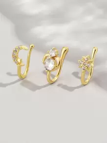 3pcs/set Cubic Zirconia Moon & Star Decor Nose Ring Copper Popular Piercing Body Jewelry Gift For Women & Men
