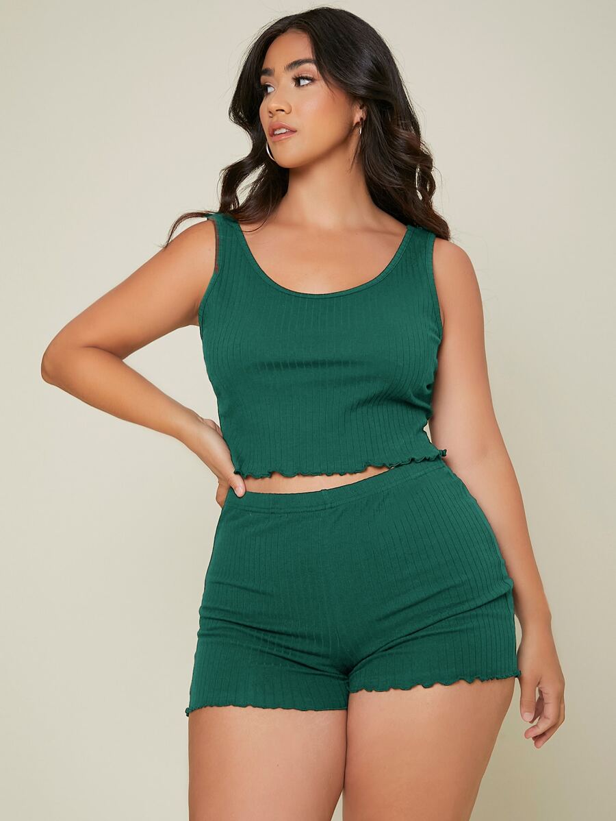 SHEIN LUNE Plus Letter Trim Rib-knit Crop Tank Top & Shorts PJ Set - Dark Green - View 1