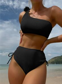 SHEIN Swim Summer Beach Plain Rib One Shoulder Bikini Set - Black - View 3