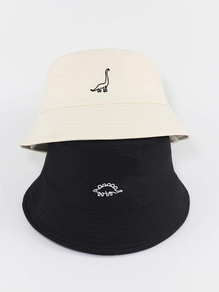 2pcs Couple Dinosaur Embroidered Fashionable Bucket Hat For Outdoor Travel - Multicolor - View 1