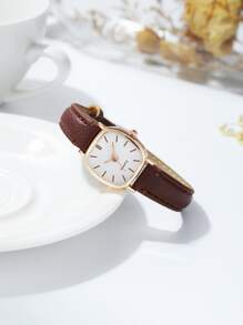 YILEIQI 極簡風格方形指針石英手錶 - 棕色 - 查看 3