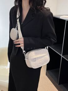 Bolsa de mimbre mini con diseño de diamante de imitación con monedero - Blanco - Ver 1