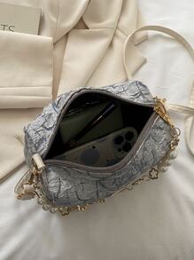 Mini Floral Pattern Faux Pearl Decor Bucket Bag - Blue - View 4