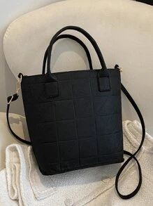 Minimalist Quilted Shoulder Tote Bag - Black - View 1
