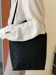 Minimalist Quilted Shoulder Tote Bag - Black - View 3