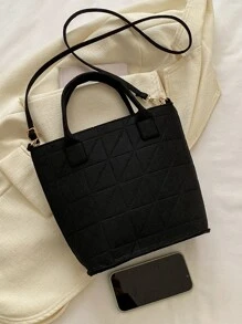 Minimalist Quilted Shoulder Tote Bag - Black - View 6