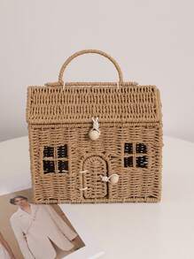Cartoon Small House Hand-held Straw Bag, New Niche Design Hut Hand-held Woven Bag To Go Out To Store The Basket - Brown - View 1