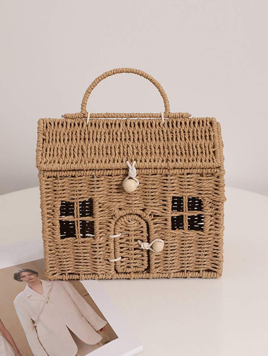 Cartoon Small House Hand-held Straw Bag, New Niche Design Hut Hand-held Woven Bag To Go Out To Store The Basket - Brown - View 1