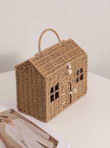 Cartoon Small House Hand-held Straw Bag, New Niche Design Hut Hand-held Woven Bag To Go Out To Store The Basket - Brown - View 5