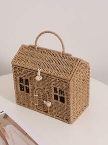 Cartoon Small House Hand-held Straw Bag, New Niche Design Hut Hand-held Woven Bag To Go Out To Store The Basket - Brown - View 6