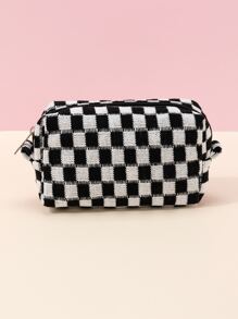 1入黑白車格紋針織軟質經典車格紋圖案防水大容量旅行便攜式八邊形化妝包女士女孩儲物化妝品組織器化妝箱 - 黑與白 - 查看 7