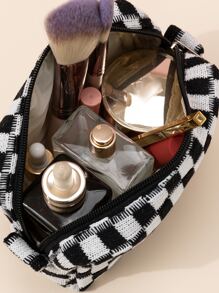 1入黑白車格紋針織軟質經典車格紋圖案防水大容量旅行便攜式八邊形化妝包女士女孩儲物化妝品組織器化妝箱 - 黑與白 - 查看 5