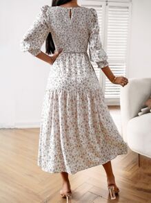 SHEIN Holidaya Ditsy Floral Print Shirred Detail Ruffle Hem Dress - Apricot - View 2