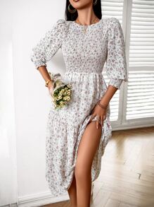 SHEIN Holidaya Ditsy Floral Print Shirred Detail Ruffle Hem Dress - Apricot - View 3