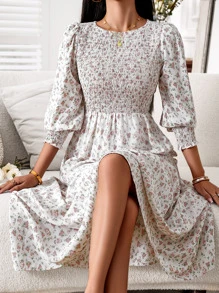 SHEIN Holidaya Ditsy Floral Print Shirred Detail Ruffle Hem Dress - Apricot - View 6