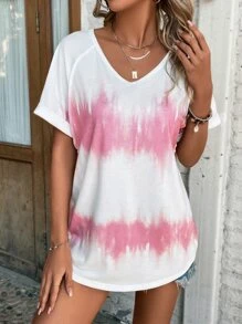 SHEIN LUNE 紮染插肩袖T恤 - 粉色 - 查看 3