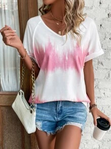 SHEIN LUNE 紮染插肩袖T恤 - 粉色 - 查看 5