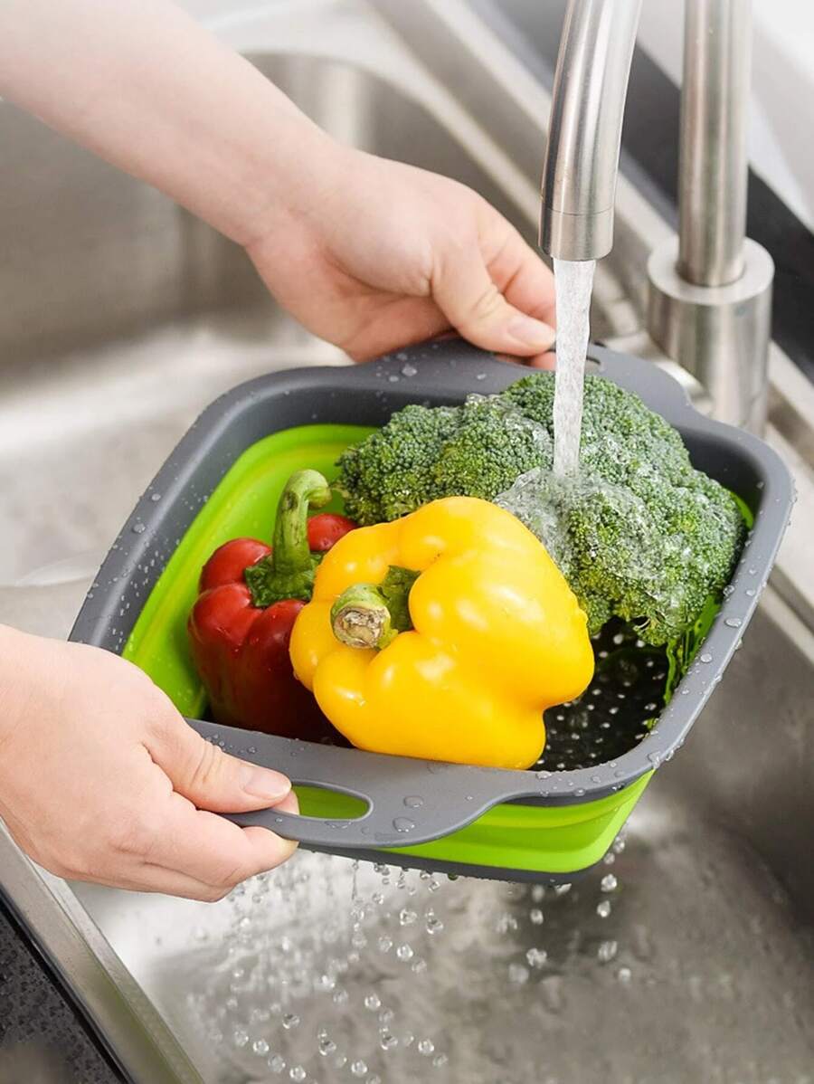 矽膠廚房食品濾網籃瀝水器可折疊廚房漏勺瀝水籃 - 綠色 - 查看 1