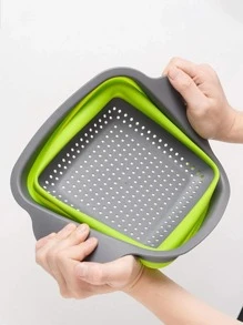 矽膠廚房食品濾網籃瀝水器可折疊廚房漏勺瀝水籃 - 綠色 - 查看 3