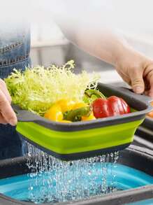 矽膠廚房食品濾網籃瀝水器可折疊廚房漏勺瀝水籃 - 綠色 - 查看 5