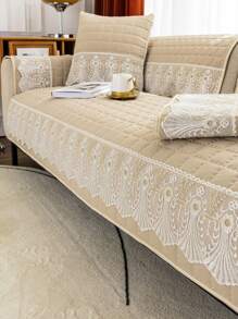 1pc Floral Embroidered Sofa Towel - Beige - View 1