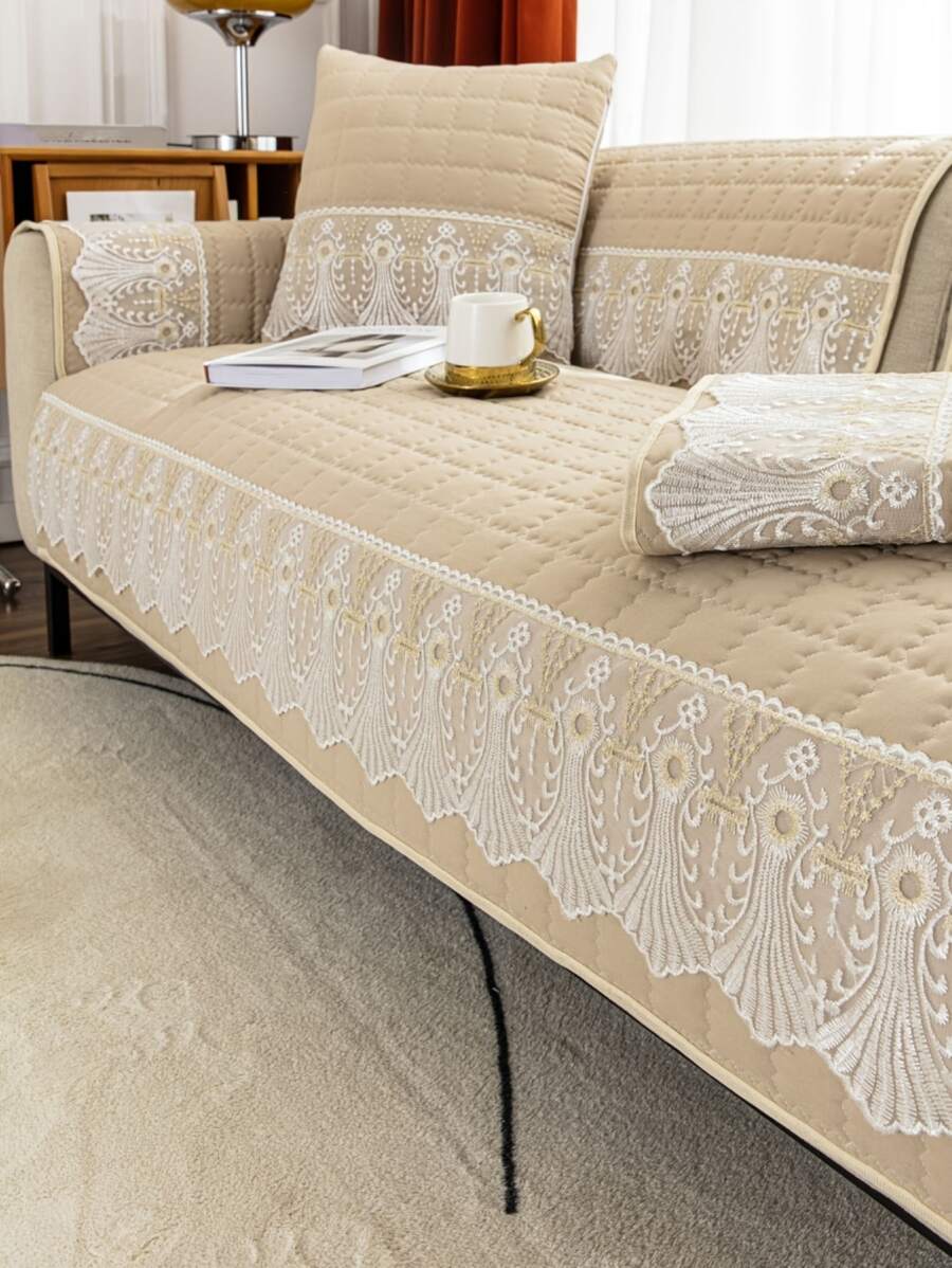 1pc Floral Embroidered Sofa Towel - Beige - View 1