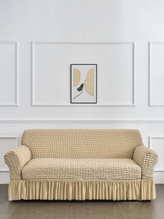 1pc Textured Ruffle Trim Stretchy Sofa Slipcover