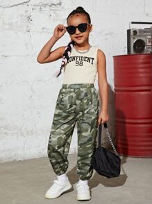 SHEIN 小女童字母圖案背心上衣和迷彩印花長褲 - 彩色 - 查看 3