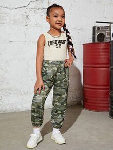 SHEIN 小女童字母圖案背心上衣和迷彩印花長褲 - 彩色 - 查看 4