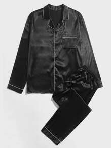 Hombres Conjunto de pijama ribete en contraste de satén - Negro - Ver 1