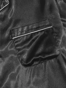 Hombres Conjunto de pijama ribete en contraste de satén - Negro - Ver 3