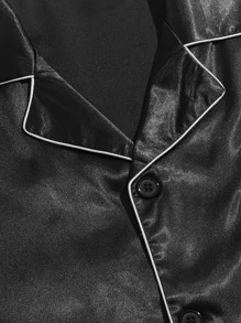 Hombres Conjunto de pijama ribete en contraste de satén - Negro - Ver 4