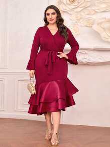 Modelyn Đầm Plus Size Viên lá sen phân lớp Trọn gói Dây kéo Thắt lưng màu trơn Thanh lịch - Màu Hoa hồng đỏ - Xem 1