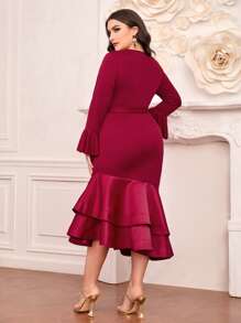 Modelyn Đầm Plus Size Viên lá sen phân lớp Trọn gói Dây kéo Thắt lưng màu trơn Thanh lịch - Màu Hoa hồng đỏ - Xem 4