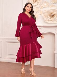 Modelyn Đầm Plus Size Viên lá sen phân lớp Trọn gói Dây kéo Thắt lưng màu trơn Thanh lịch - Màu Hoa hồng đỏ - Xem 2