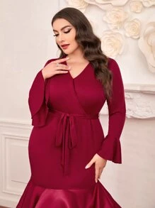 Modelyn Đầm Plus Size Viên lá sen phân lớp Trọn gói Dây kéo Thắt lưng màu trơn Thanh lịch - Màu Hoa hồng đỏ - Xem 5