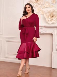 Modelyn Đầm Plus Size Viên lá sen phân lớp Trọn gói Dây kéo Thắt lưng màu trơn Thanh lịch - Màu Hoa hồng đỏ - Xem 3