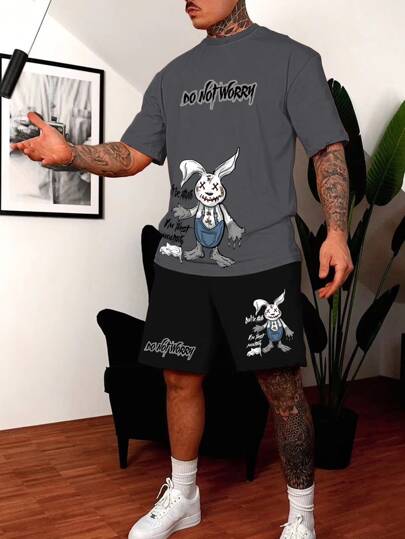 Männer Shorts & T-Shirt mit Cartoon & Buchstabe Grafik